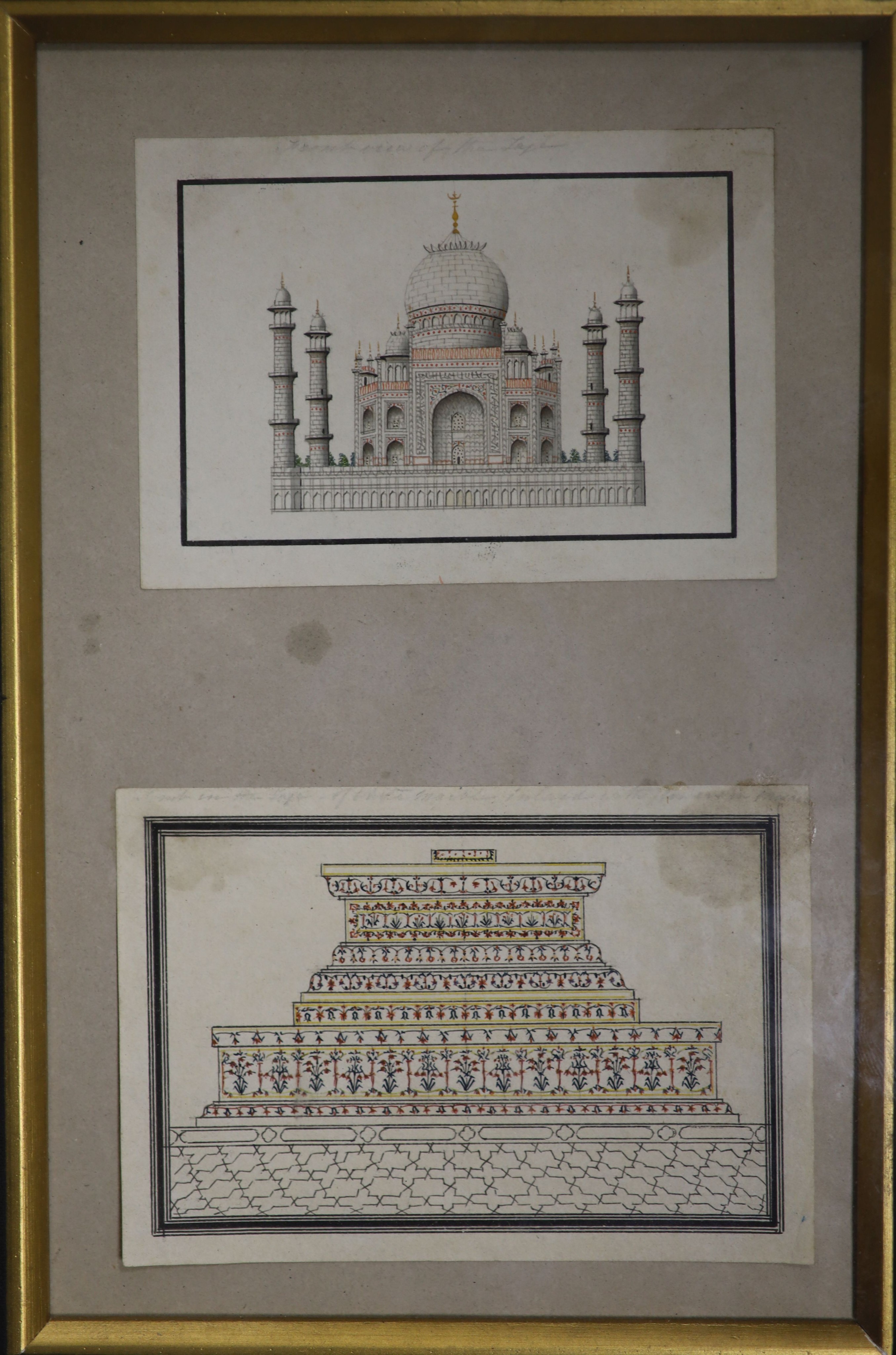 Indian School, pen an ink, Study of the Taj Mahal and of a decorated plinth, 6 x 9.5cm and 7 x 11cm, framed as one